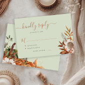 Sage green rust foliage boho floral wedding RSVP kaartje