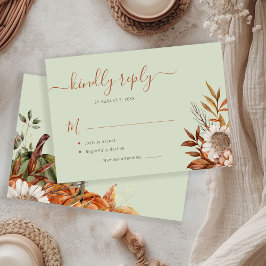 Sage green rust foliage boho floral wedding RSVP kaartje