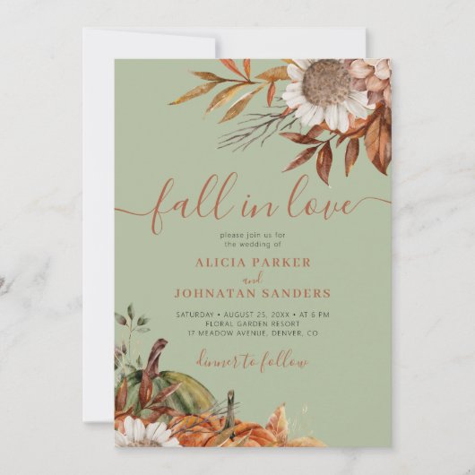 Sage green rust leaves boho floral fall wedding kaart (Voorkant)