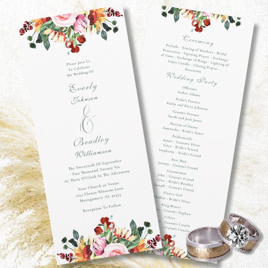Sage Green Rust Yellow Orange Floral Wedding Programmakaart