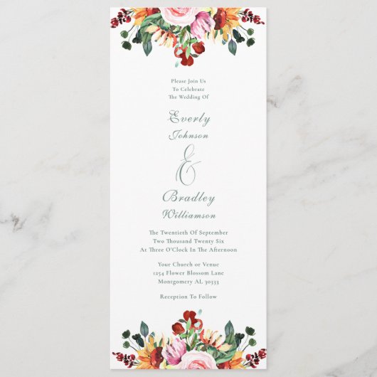Sage Green Rust Yellow Orange Floral Wedding Programmakaart (Voorkant)