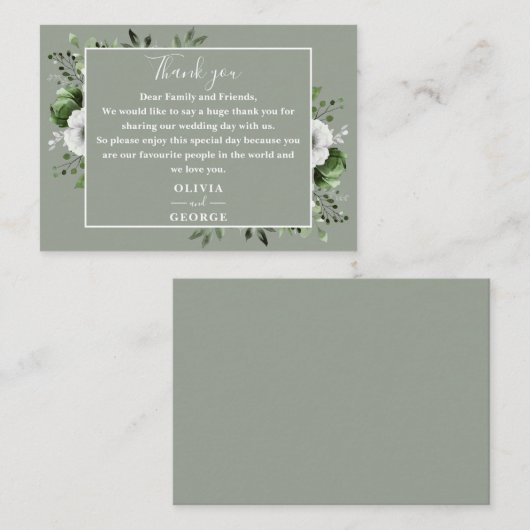 Sage Green Rustic Bloemen Huwelijk Dank u Plaatskaartje (Voorkant / Achterkant)