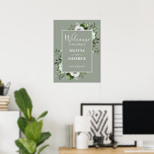 Sage Green Rustic Boho Bloemen Huwelijk Welkom Tek Poster (Thuiskantoor)
