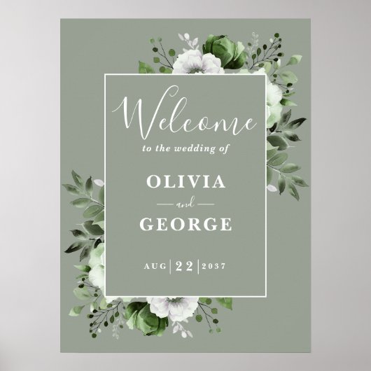 Sage Green Rustic Boho Bloemen Huwelijk Welkom Tek Poster (Voorkant)