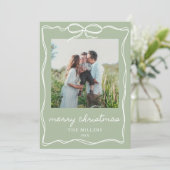 Sage Green Rustic Bow Christmas 4 Photo Family Feestdagenkaart (Staand voorkant)