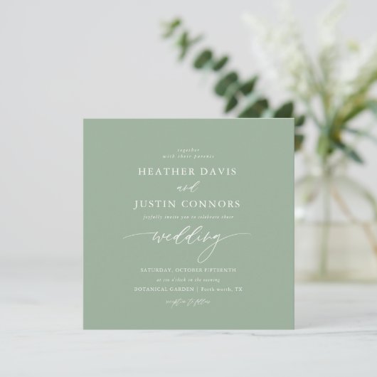 Sage Green Rustic Calligraphy Square Wedding Kaart (Staand voorkant)