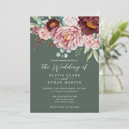 Sage Green Rustic Dusty Roos Boho Waterverf Kaart (Staand voorkant)