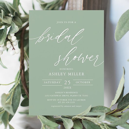 Sage Green Rustic Elegant Bridal Shower Invitation Kaart