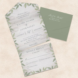 Sage Green Rustic Garden Greenery Wedding All In One Uitnodiging