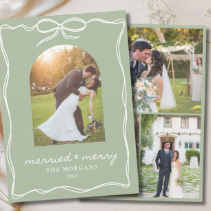 Sage Green Rustic Getrouwd & Vrolijk 4 Foto Huweli Feestdagenkaart