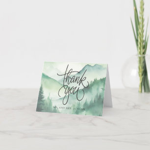 Sage Green Rustic Mountain Evergreen Trees Script Bedankkaart