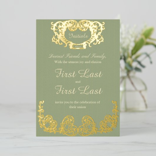 Sage Green Rustic Royal Wedding Folie Uitnodiging (Staand Voorkant)