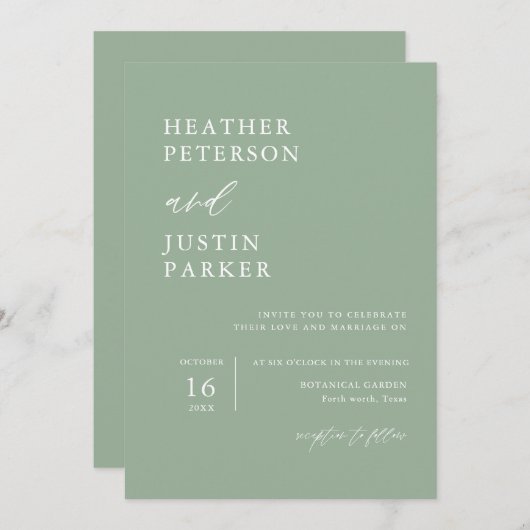 Sage Green Rustic Simple Wedding Invitations Kaart (Voorkant / Achterkant)