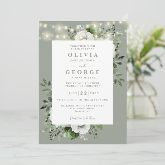 Sage Green Rustic String Lights Bloemen Huwelijk Kaart (Staand voorkant)