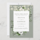 Sage Green Rustic String Lights Bloemen Huwelijk Save The Date (Voorkant)