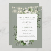 Sage Green Rustic String Lights Bloemen Huwelijk Save The Date (Voorkant / Achterkant)