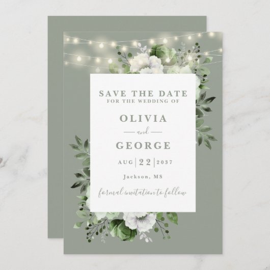 Sage Green Rustic String Lights Bloemen Huwelijk Save The Date (Voorkant / Achterkant)