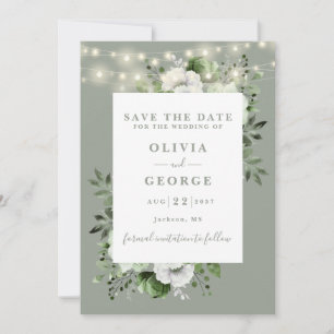 Sage Green Rustic String Lights Bloemen Huwelijk Save The Date