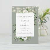 Sage Green Rustic String Lights Bloemenfoto Save The Date (Staand voorkant)