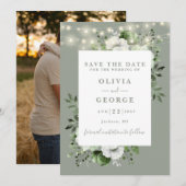 Sage Green Rustic String Lights Bloemenfoto Save The Date (Voorkant / Achterkant)