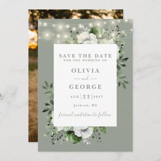 Sage Green Rustic String Lights Bloemenfoto Save The Date (Voorkant / Achterkant)