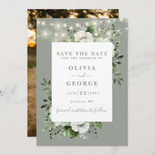Sage Green Rustic String Lights Bloemenfoto Save The Date
