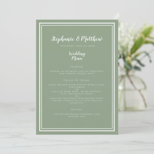 Sage Green Rustic Wedding Simple Modern Dinner Menu (Staand voorkant)