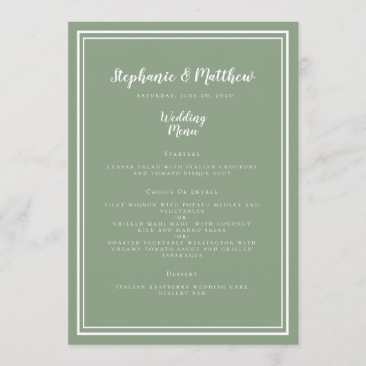 Sage Green Rustic Wedding Simple Modern Dinner Menu (Voorkant)