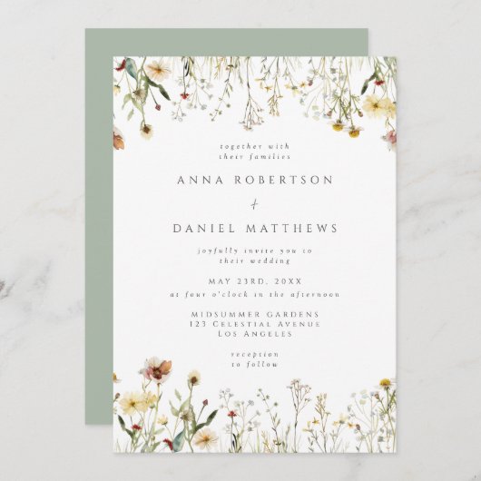 Sage Green Rustic Wildflower Wedding Invitation Kaart (Voorkant / Achterkant)