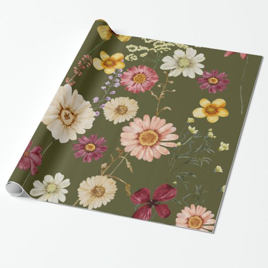 Sage Green Rustic Wildflower Wrapping Paper Cadeaupapier (Uitgerold)
