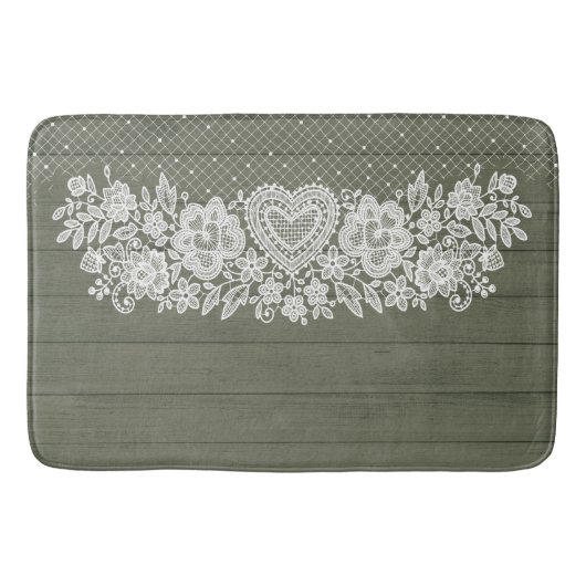 Sage Green Rustic Wood & White Lace Lacy Farmhouse Badmat (Voorkant)