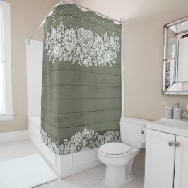 Sage Green Rustic Wood & White Lace Lacy Farmhouse Douchegordijn