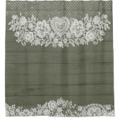 Sage Green Rustic Wood & White Lace Lacy Farmhouse Douchegordijn (Voorkant)