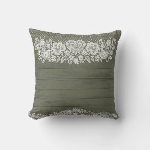 Sage Green Rustic Wood & White Lace Lacy Farmhouse Kussen