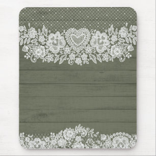 Sage Green Rustic Wood & White Lace Lacy Farmhouse Muismat