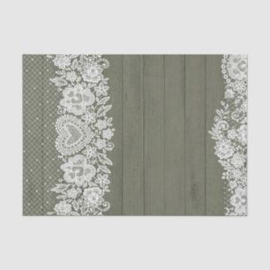 Sage Green Rustic Wood & White Lace Lacy Farmhouse Tissuepapier