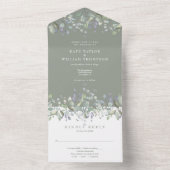 Sage Green Sage en Lila Floral Monogram Weddenscha All In One Uitnodiging (Binnen)