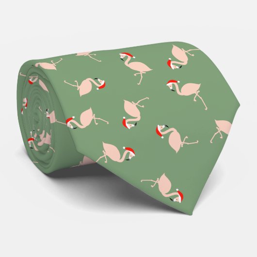 Sage Green Santa Flamingos Fun Kerstmis Stropdas (Opgerold)