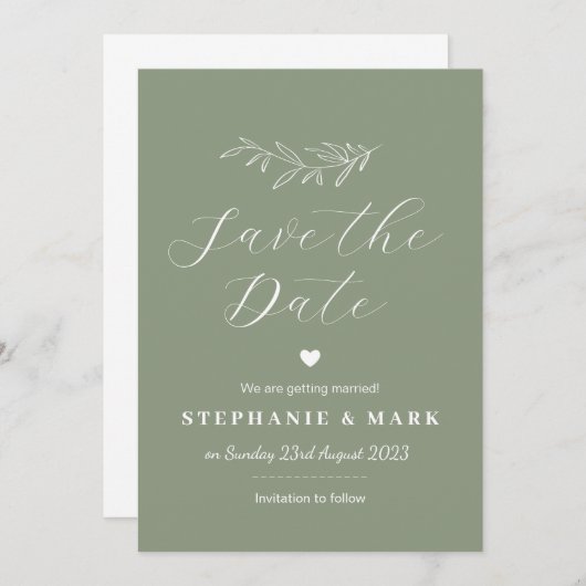Sage green save the dates, green botanical kaart (Voorkant / Achterkant)