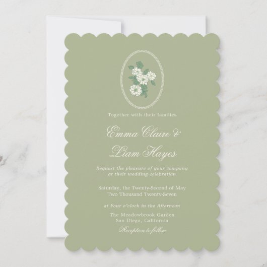Sage Green Scalloped Wedding Invitation Kaart (Voorkant)