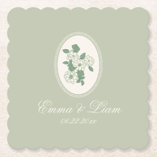 Sage Green Scalloped Wedding Paper Coasters Kartonnen Onderzetters (Voorkant)