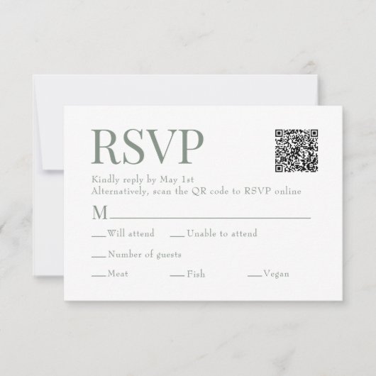 Sage Green Scan QR Code Maaltijdkeuze Trouwen RSVP Kaartje (Voorkant)