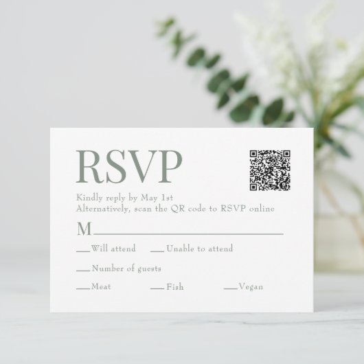 Sage Green Scan QR Code Maaltijdkeuze Trouwen RSVP Kaartje (Staand voorkant)