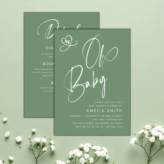 Sage Green Script Baby Shower Kaart