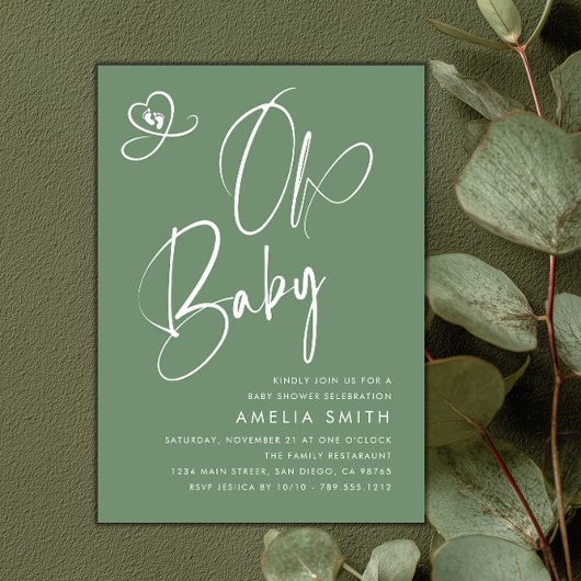 Sage Green Script Baby Shower Kaart