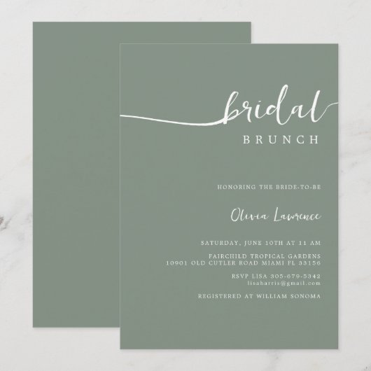 Sage Green Script Bruids Brunch Uitnodiging (Voorkant / Achterkant)