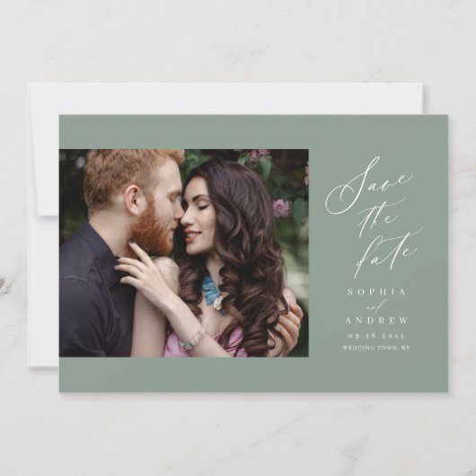 Sage Green Script eenvoudige foto sla de datum op Save The Date (Voorkant)
