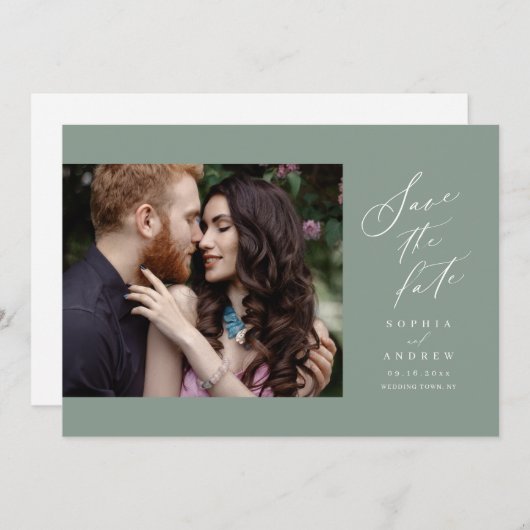 Sage Green Script eenvoudige foto sla de datum op Save The Date (Voorkant / Achterkant)