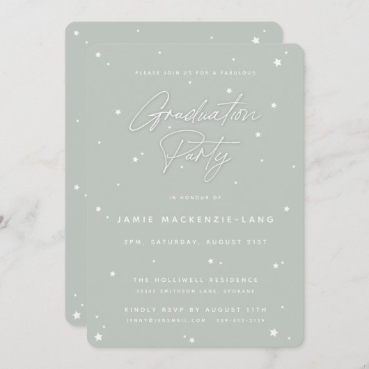 Sage Green Script en Stars Graduation Party Kaart (Voorkant / Achterkant)