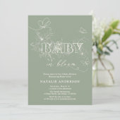 Sage Green Script Flower Butterflies Baby in bloei Kaart (Staand voorkant)